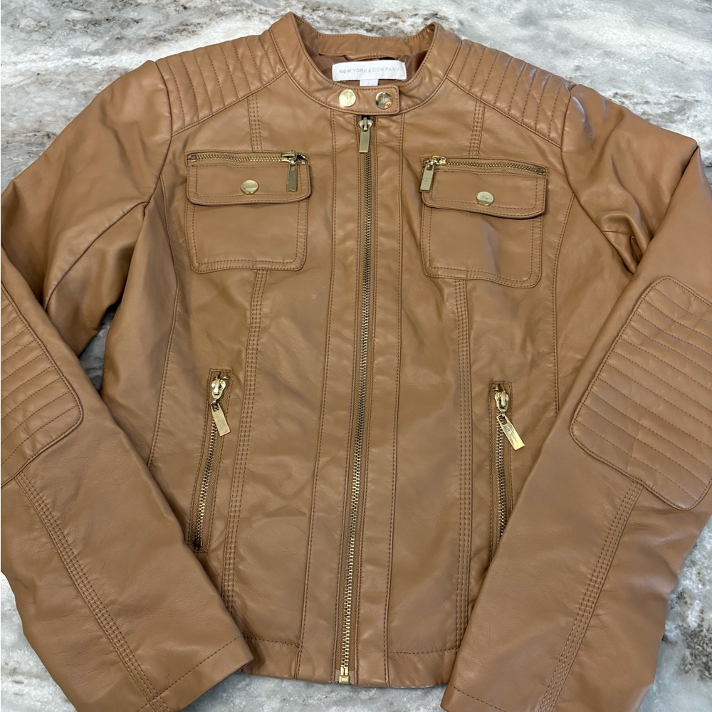 New York and Company Women's Faux Leather Moto Jacket Tan, Size Small, Zip-Up